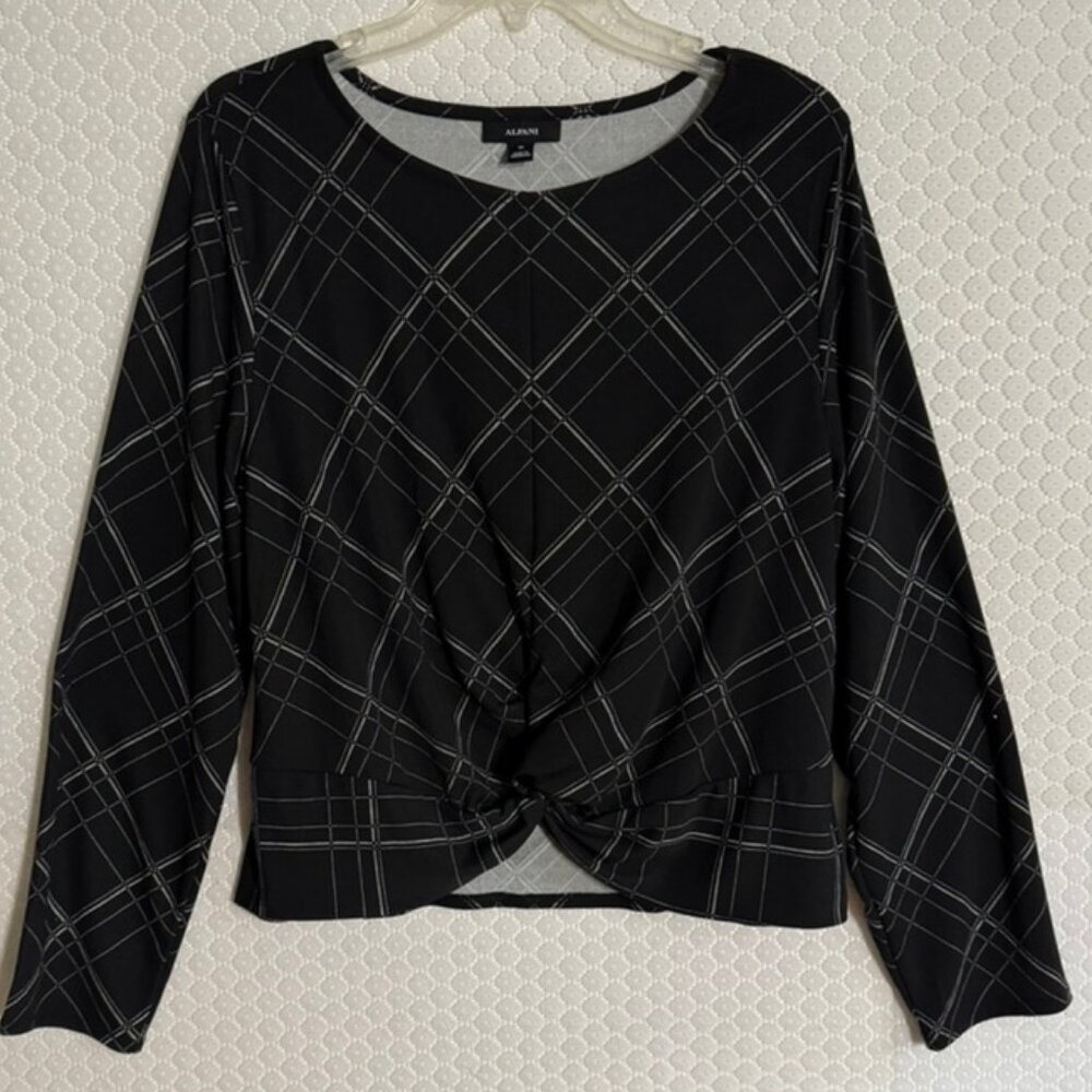 Alfani Elements Black Print, Twist Front Stretch Long Sleeve Top - Sz XL EUC